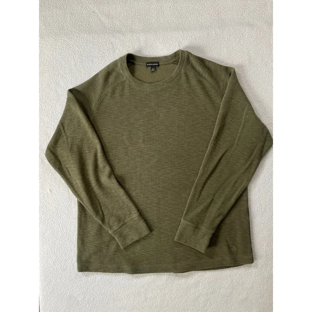 Banana Republic Mens Extra Large Sweatshirt Olive Green Slub Knit Raglan Sleeve